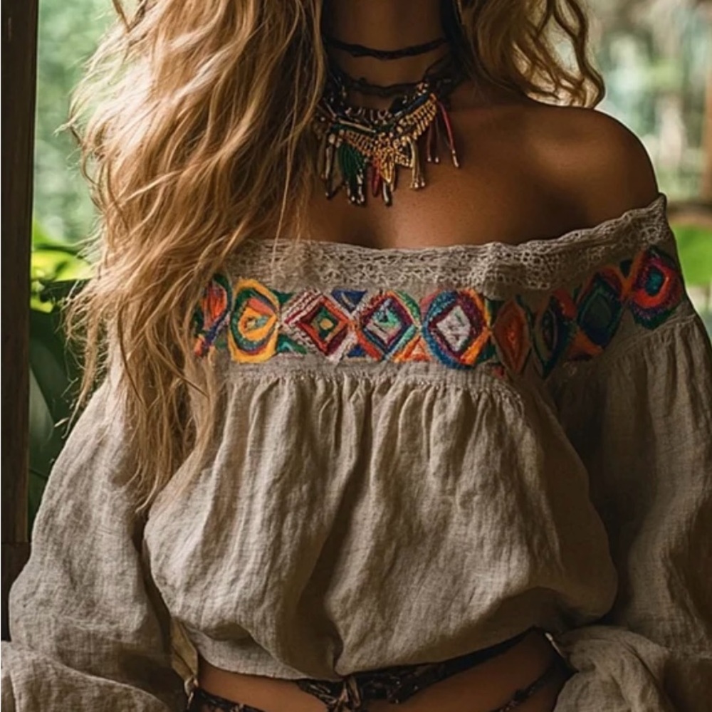 Bohemian Off-Shoulder Embroidered Top